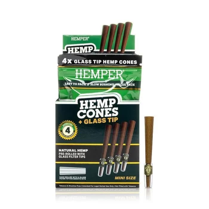 Konopné kornouty 1¼ + skleněný náustek Hemper 4 ks
