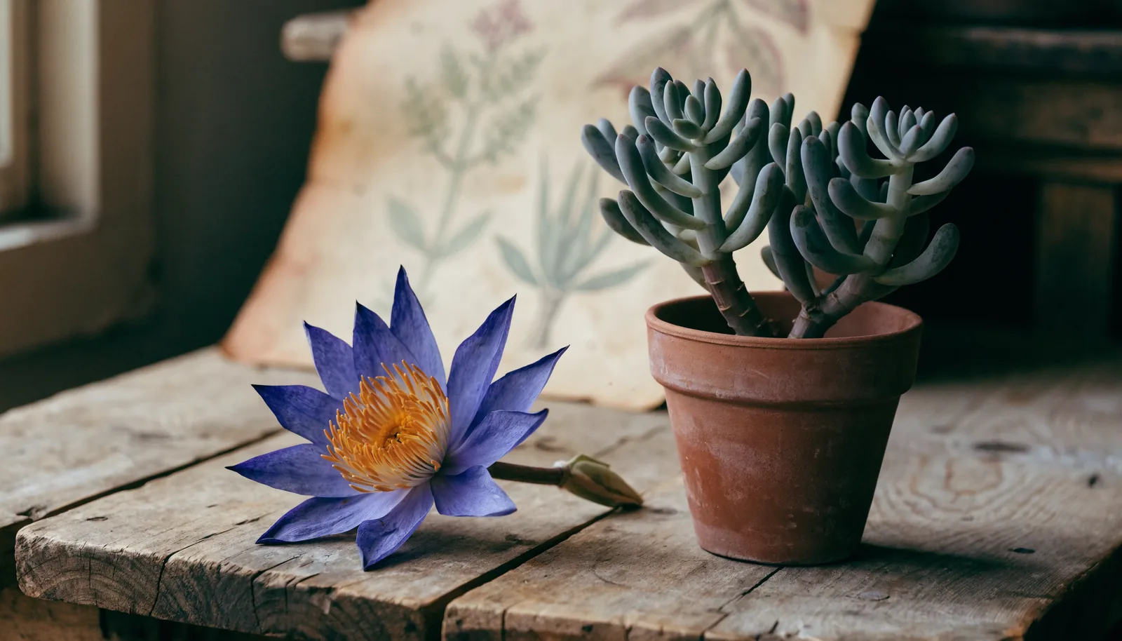 Sušený květ blue lotus (Nymphaea caerulea) vedle živého sukulentu kanna (Sceletium tortuosum)