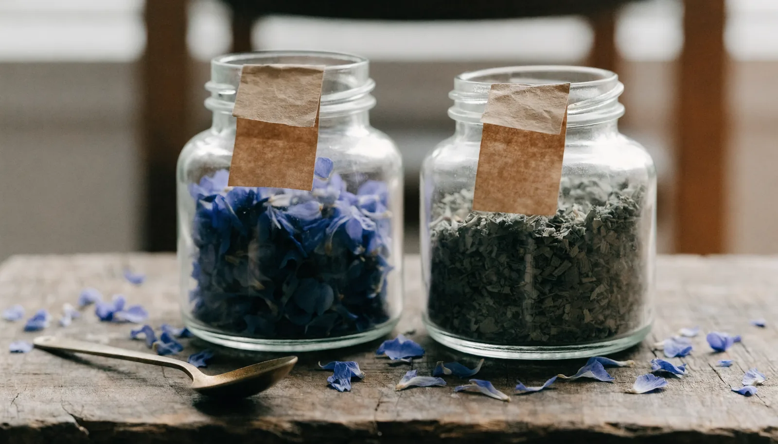 Skleněné apatykářské dózy s okvětními plátky blue lotus a nasekaným rostlinným materiálem kanny
