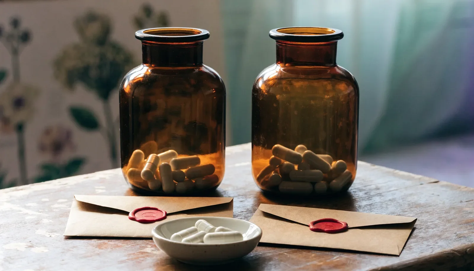 Dvě stejné lahvičky s bílými tobolkami a zalepené obálky znázorňující zaslepení a placebo kontroly